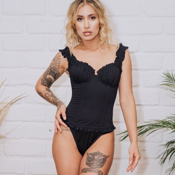 May Black Corset – Structured Satin with Ruched Straps - Picture 2 of 8